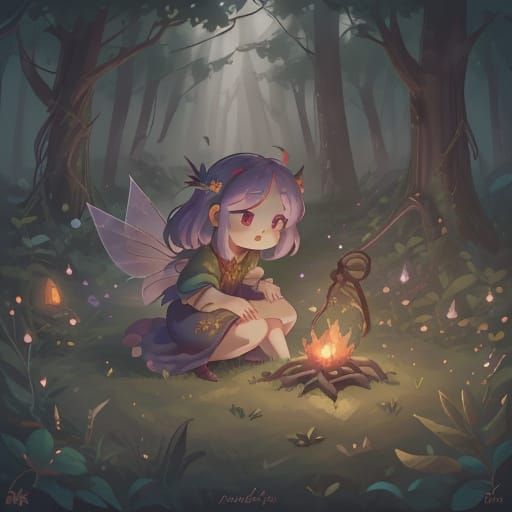 Woman Tending Fire on Foggy Night