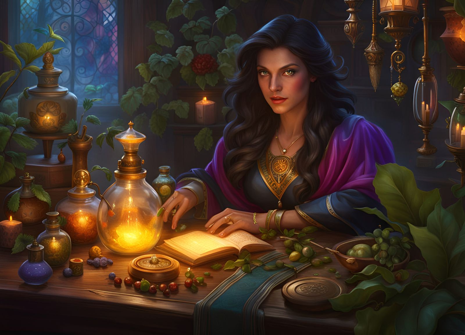 Enchantress Wizard Close-Up Portrait with Colorful Spells