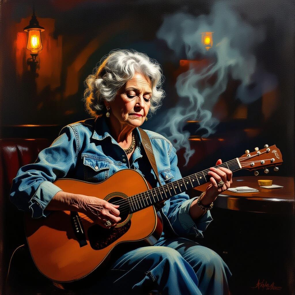 Elderly Woman Plays Blues Guitar in Smoky Bar