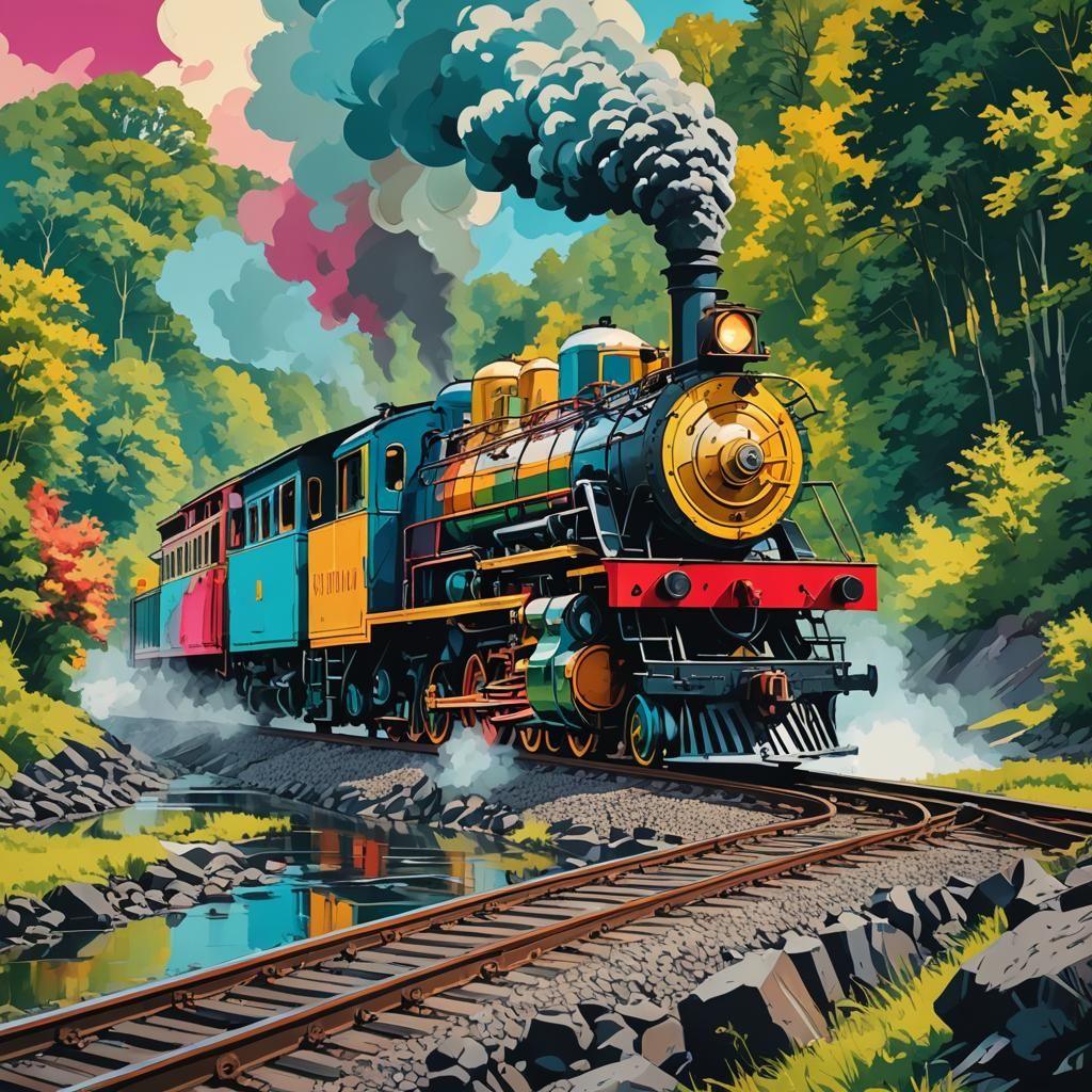 Colorful Steam Train by River: Pop Art Style