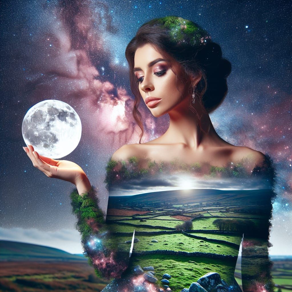 Irish Moon Goddess in Double Exposure Style