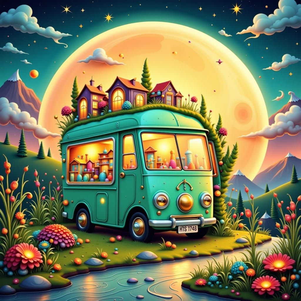 Miniature Village in Crescent Moon, Digital Art