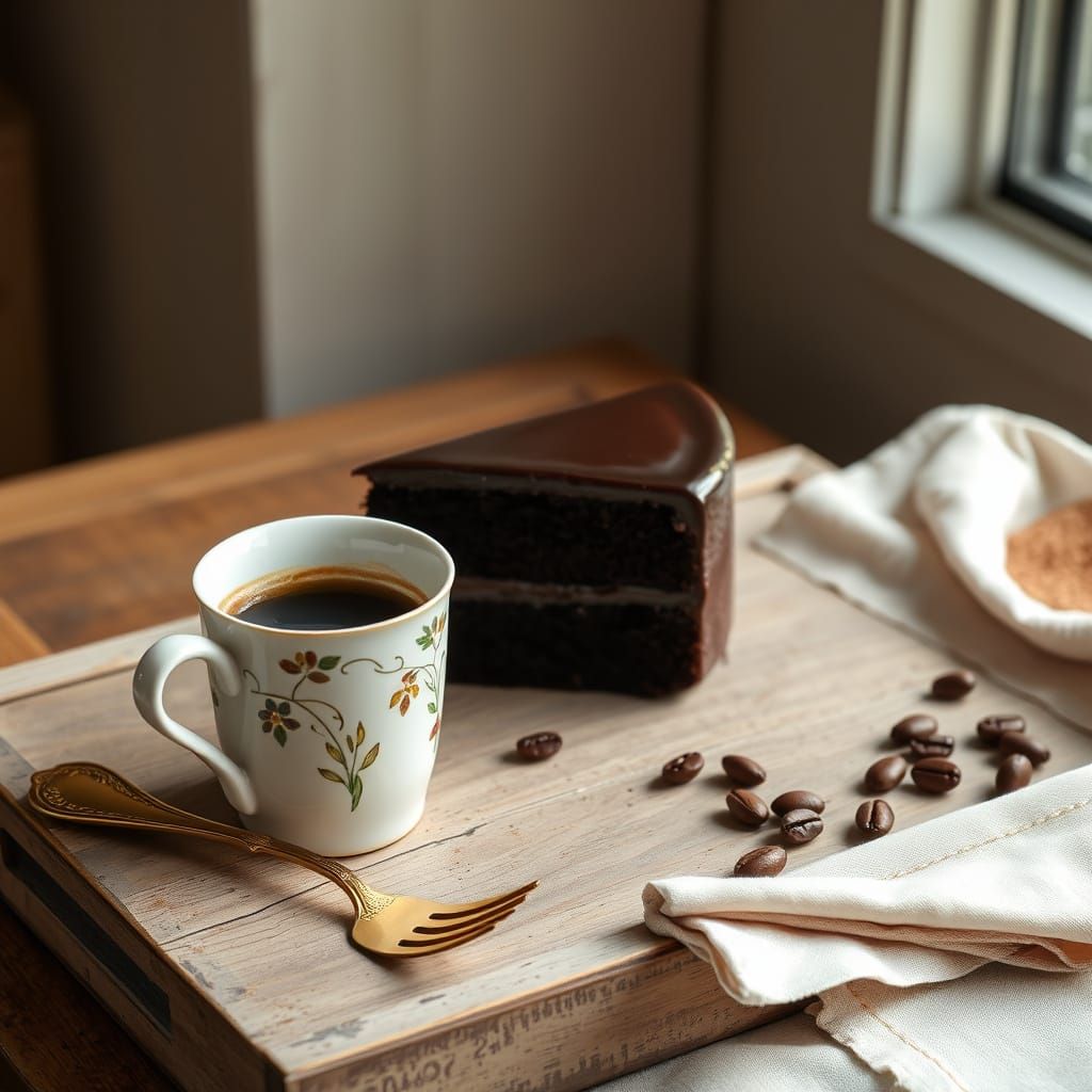 Rich Dark Chocolate Cake with Coffee in Elegant Still Life
