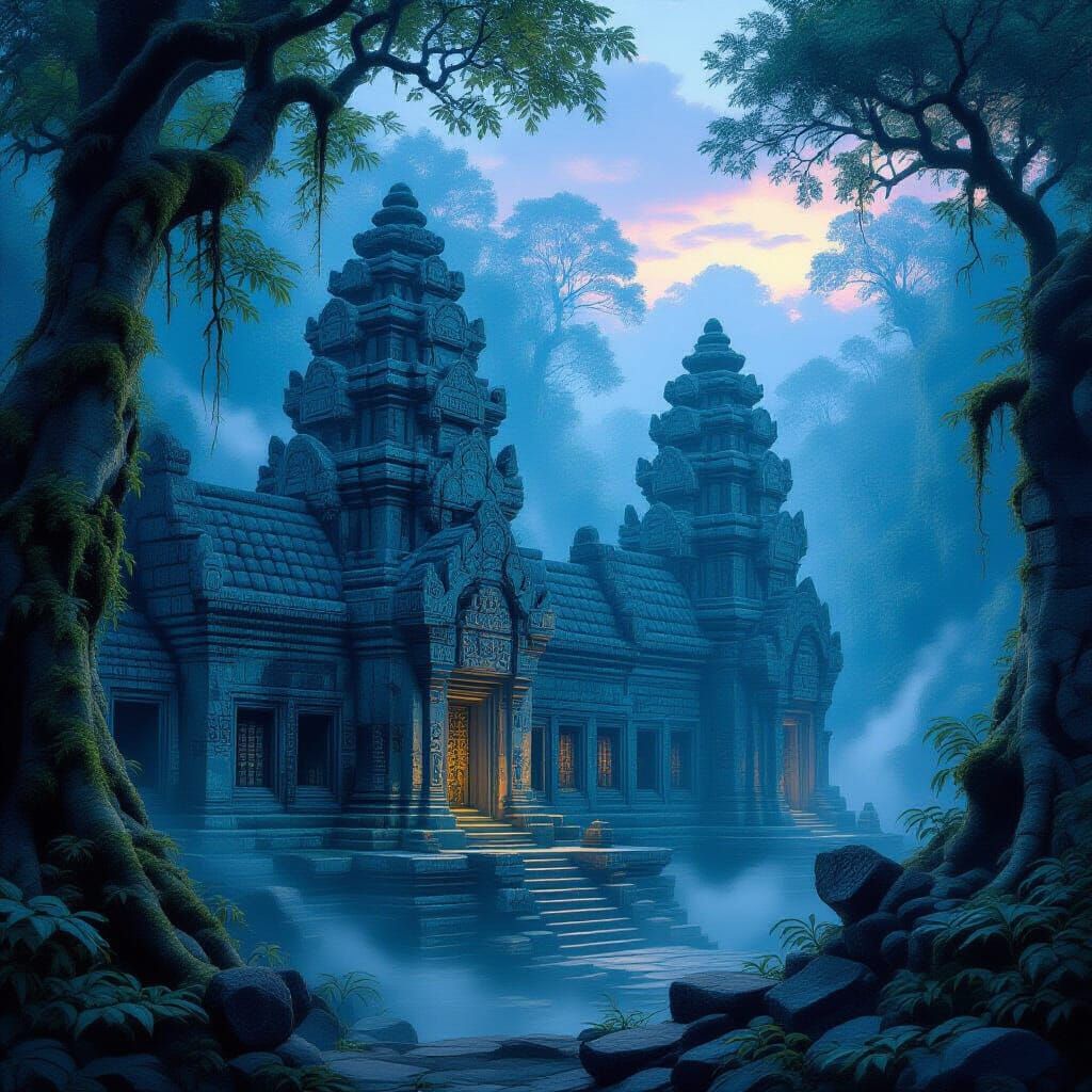 Ancient Temple in Bioluminescent Forest