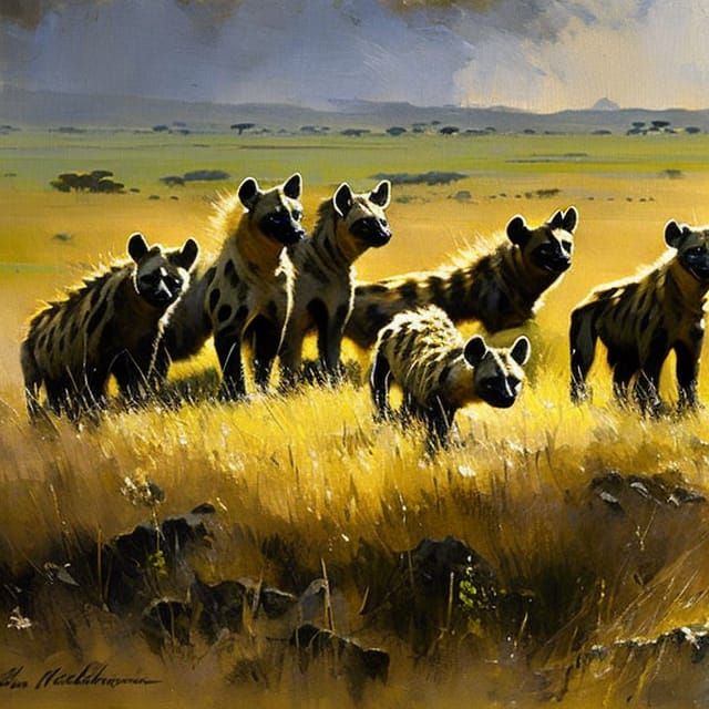 Ferocious Hyena Pack in Serengeti: Dark Fantasy Art