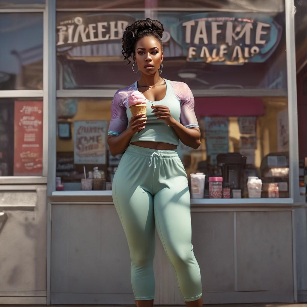 Voluptuous Woman in Workout Gear at Ice Cream Parlor