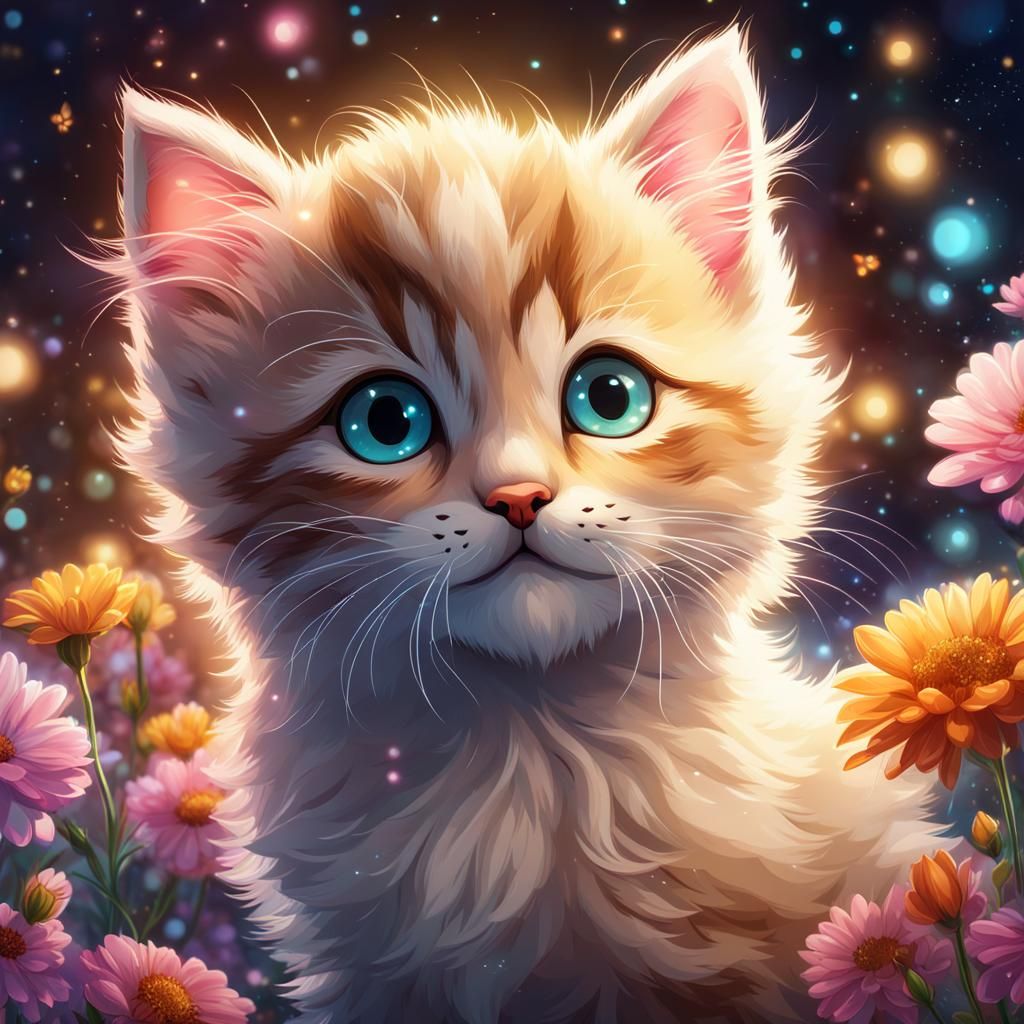 Adorable Kitten with Flowers in Sparkling Night