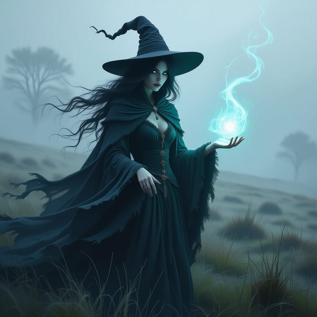 Mysterious Witch Conjuring Magic on a Misty Moor
