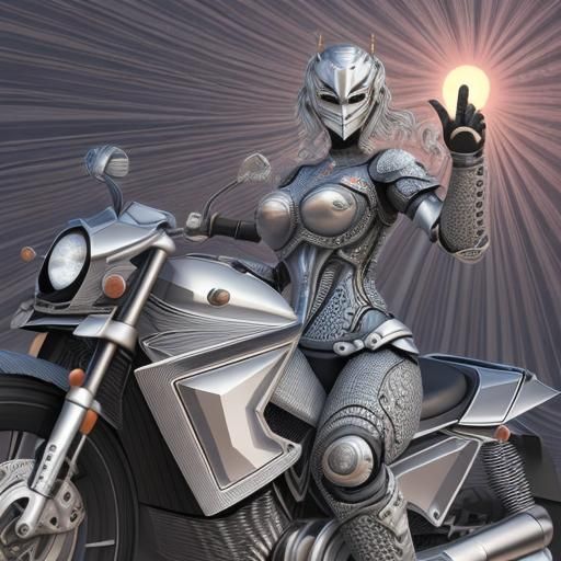 Motorbike Woman Licking Knight in Sunrise: Abstract Art