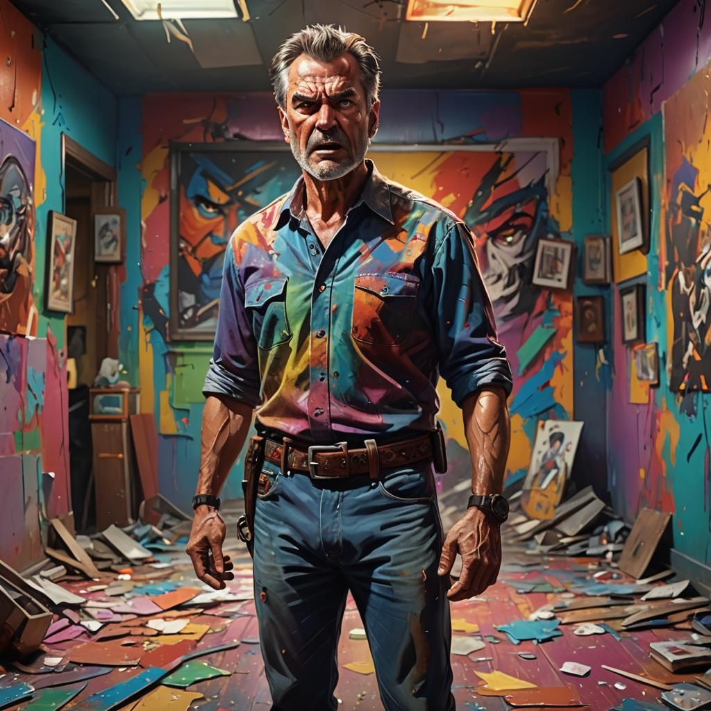Angry Dad in Colorful Room: Hyperrealistic Concept Art