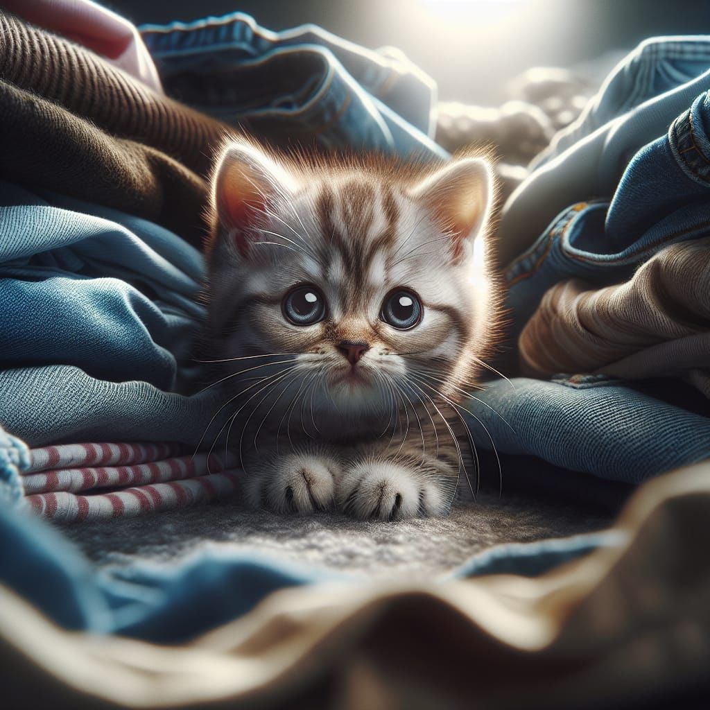 Adorable Kitten Peeks Out From Under Clothes