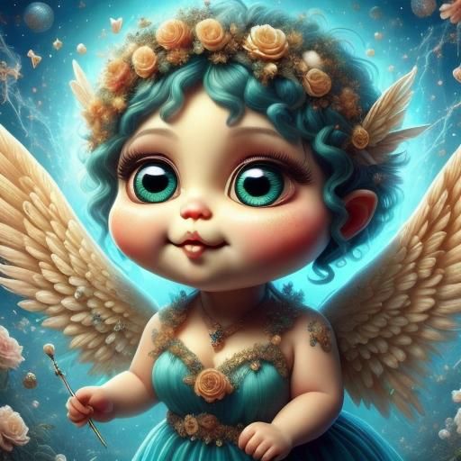 Chubby Cherub Toddler Playing Harp in Moonlight