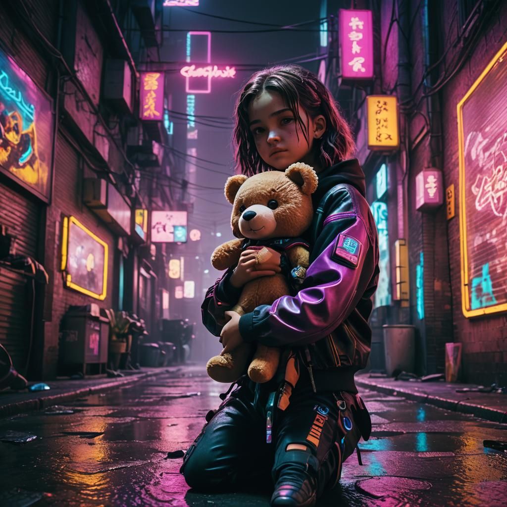 Girl Cuddling Teddy in Cyberpunk Alleyway