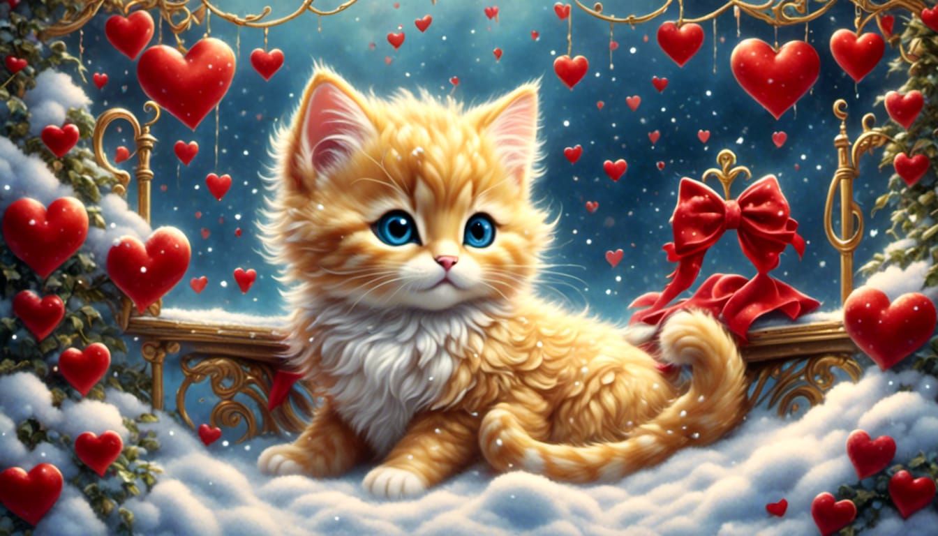 <lora:LumiBooks:1.0> <lora:Adorable 3D Real:1.0> Cute gold baby chibi cat ,red hearts falling blue eyes ,ornate bench sn...