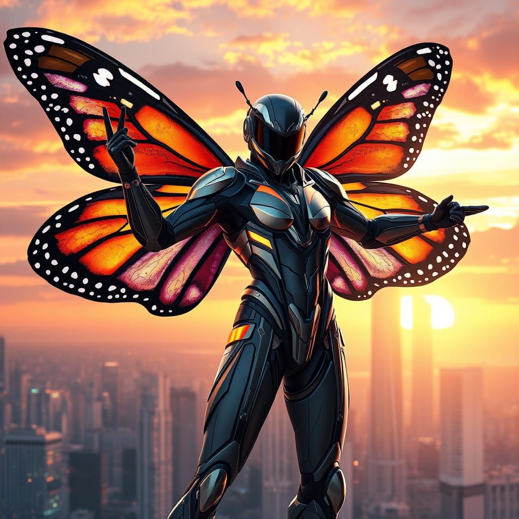 Radiant Monarch Butterfly Hero in High-Tech Exosuit