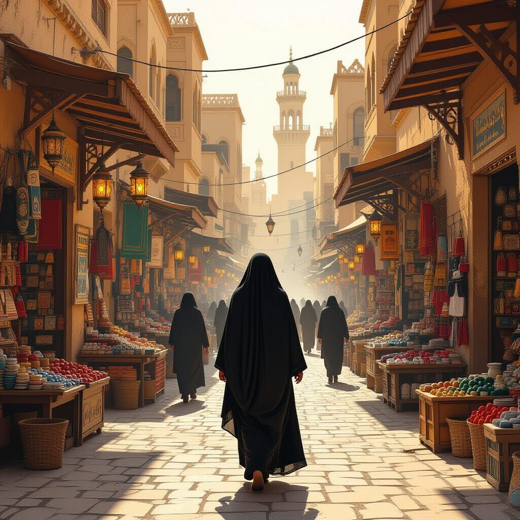 Woman in Black Attire in Yemen Marketplace Concept Art