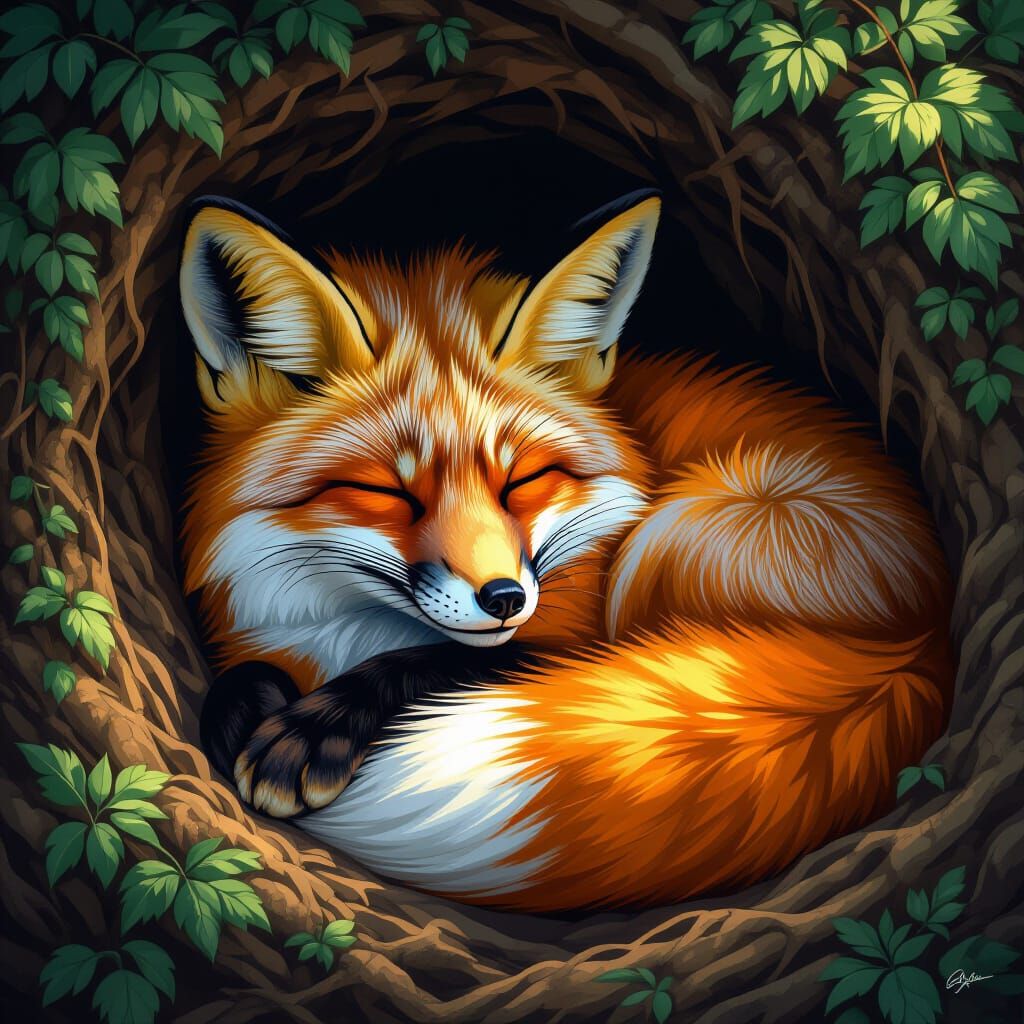 Fox Sleeping in Burrow: Digital Art