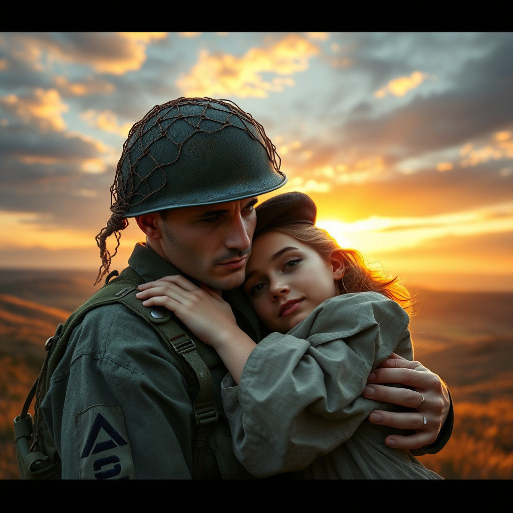 Normandy Embrace: US Infantryman and French Girl in Matte Pa...