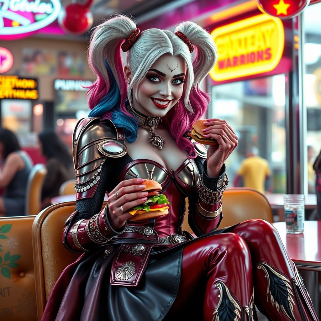Harley Quinn Warrior Princess Eats Burger