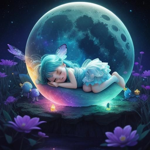 Fairies Sleeping on Bioluminescent Moon in Galaxy