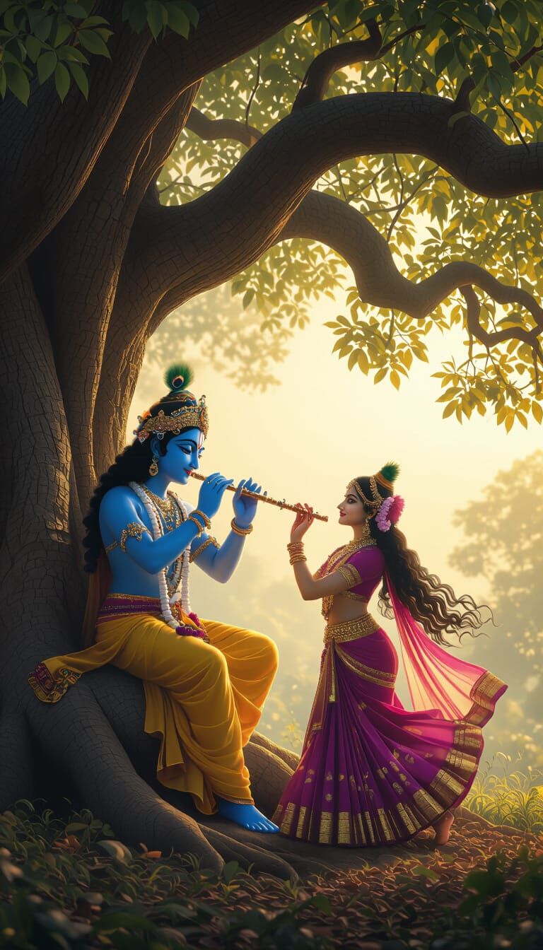 Lord Krishna Plays Flute as Radha Dances Under Ancient Tree