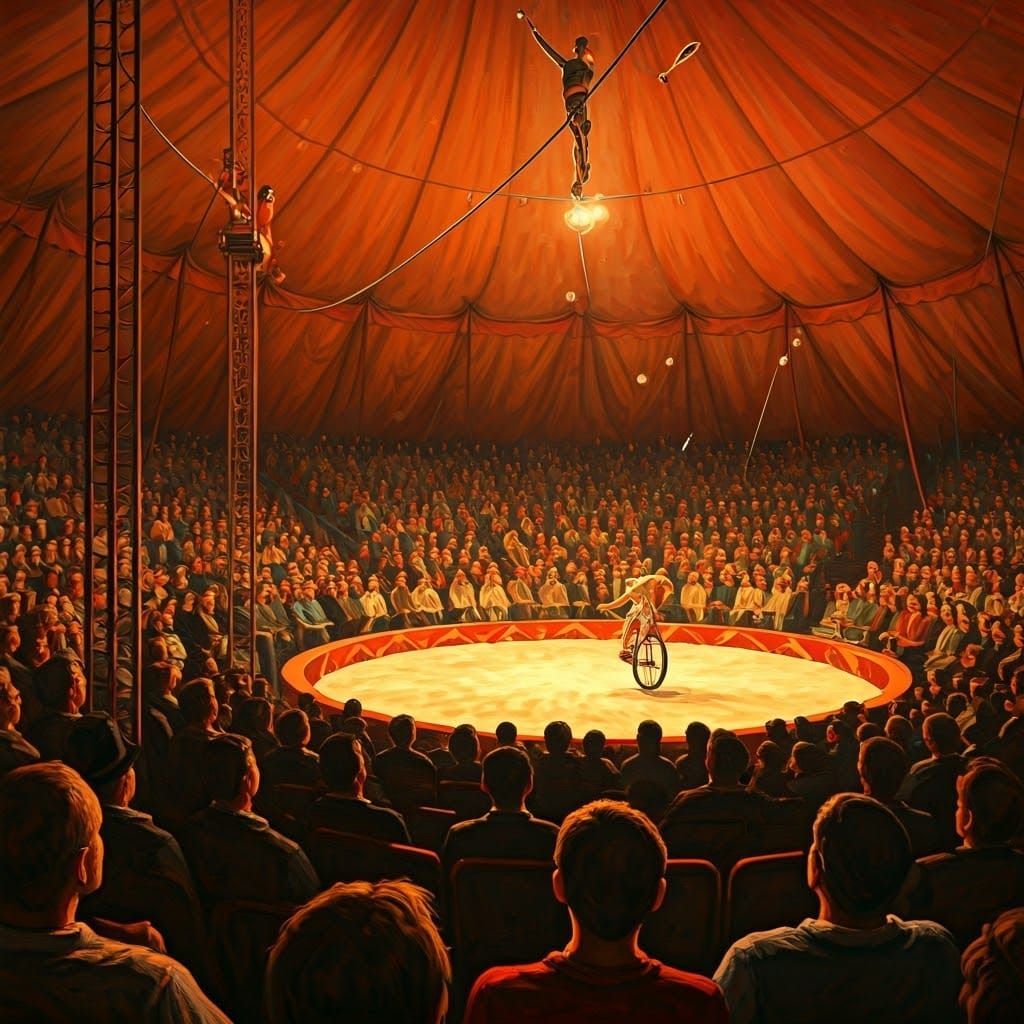 Acrobat Juggling on Unicycle Under Circus Tent