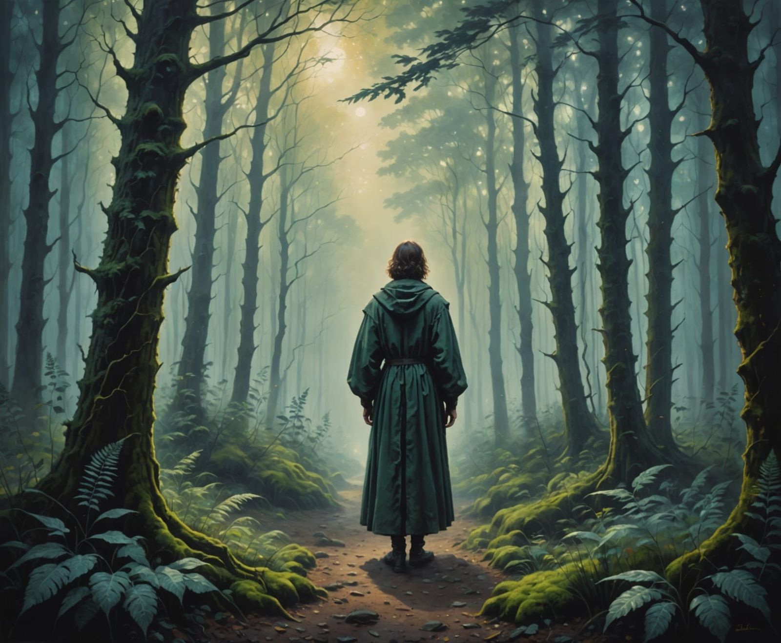 Ethereal Figure in Forest: Surreal Oil Painting