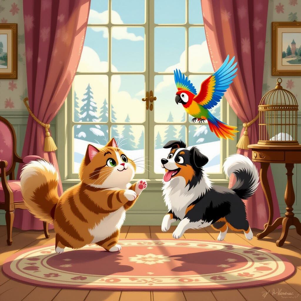 Whimsical Cartoon Cat, Dog, and Parrot Play in a Cozy Room