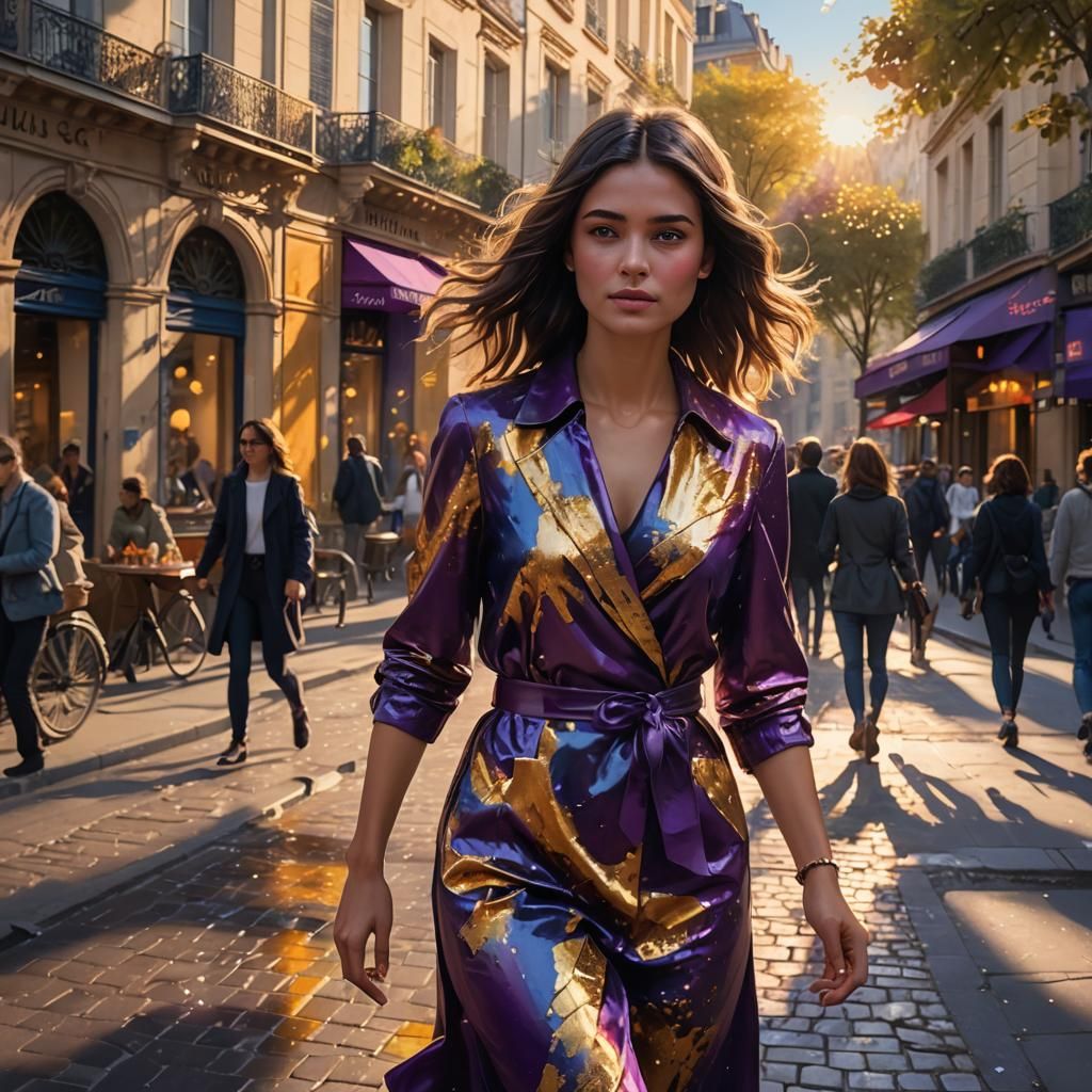 Parisienne Girl Walking in Paris: Photorealistic Matte Paint...