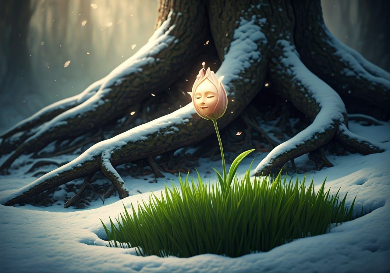 Winter Forest Oasis with Blooming Flower