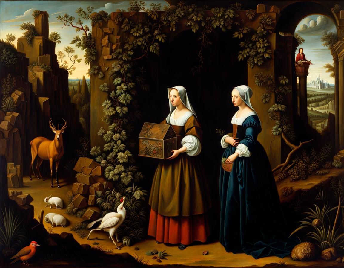 Renaissance Woman with Remains in Desolate Landscape