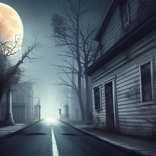 Creepy Moon Rise Over Haunted Streets in Photorealistic Styl...