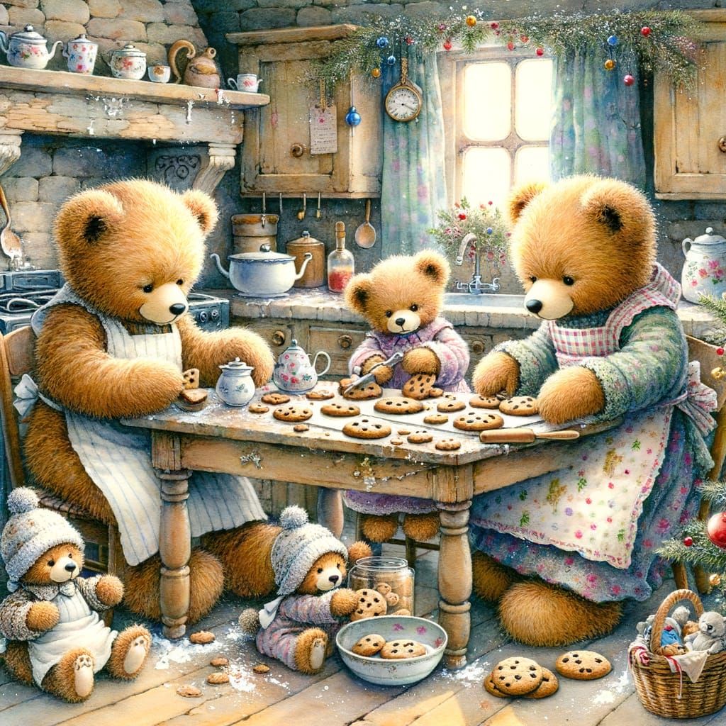 Teddy Bear Family Bakes Christmas Cookies in Cozy Kitchen