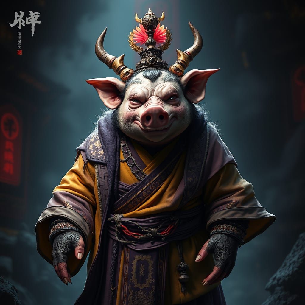 Zhu Bajie in Dark Fantasy Style, Ornate Robes