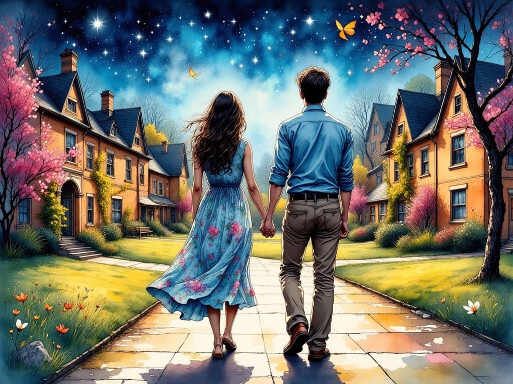 Couple Stargazing on Campus in Ink Art Style