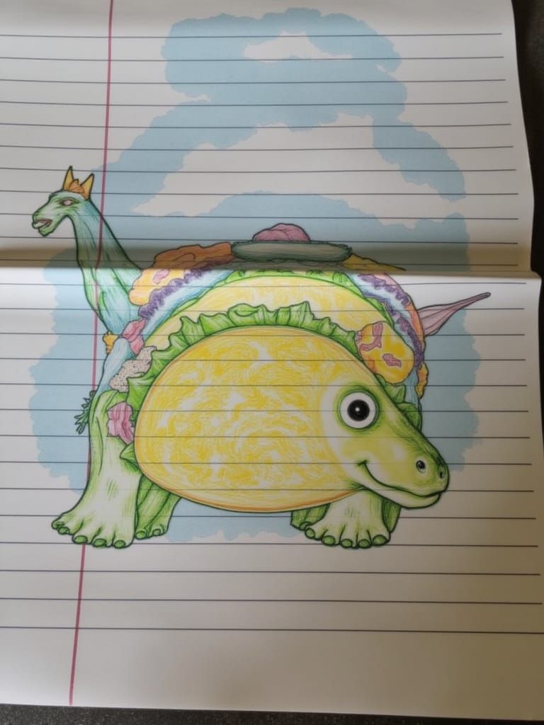 Taco Dinosaur Hybrid Creature in Playful Digital Art Style