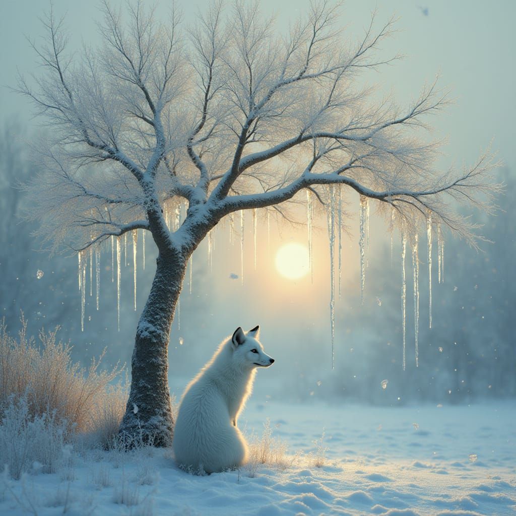 Whipping Willow Tree in Winter Landscape with Arctic Fox