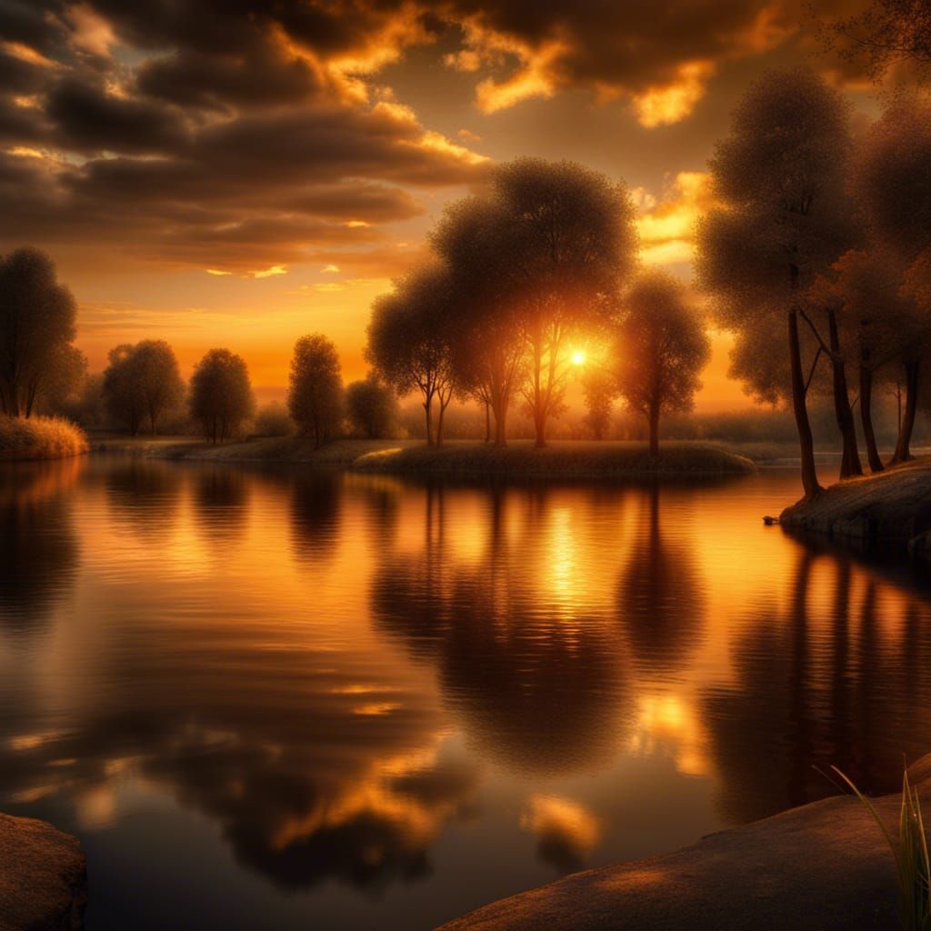 Golden Sunset Reflections on Tranquil Lake