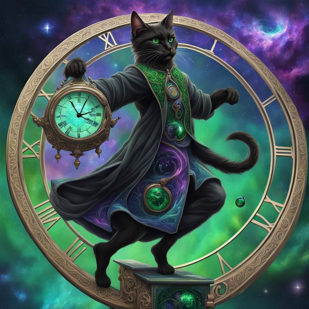 Astral Cat Wizard Casting Clock-Bending Magic