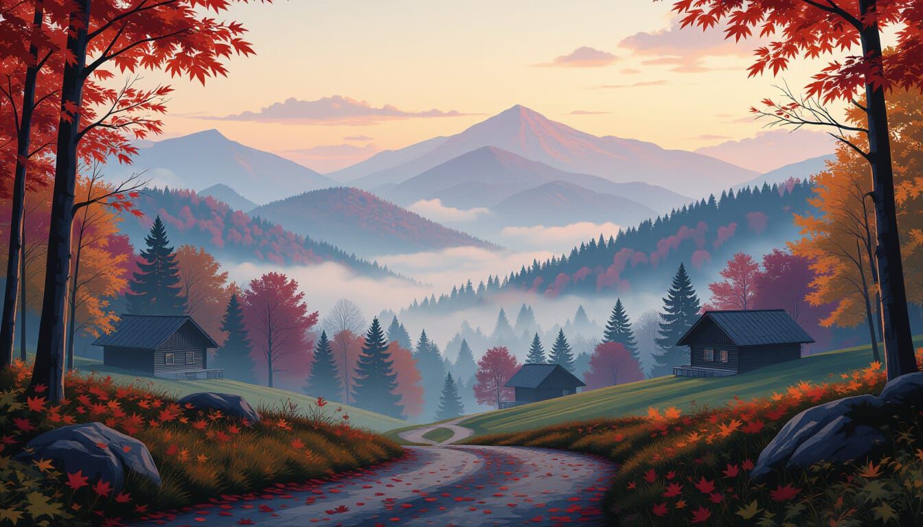 Vibrant Maple Forest Path at Dawn in Mist