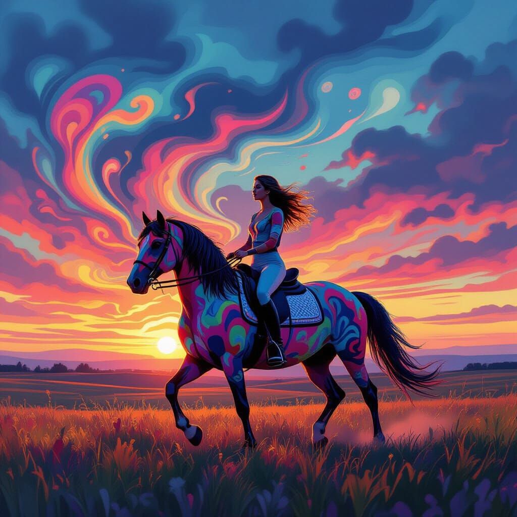 Woman Rides Colorful Horse at Dawn in Psychedelic Style