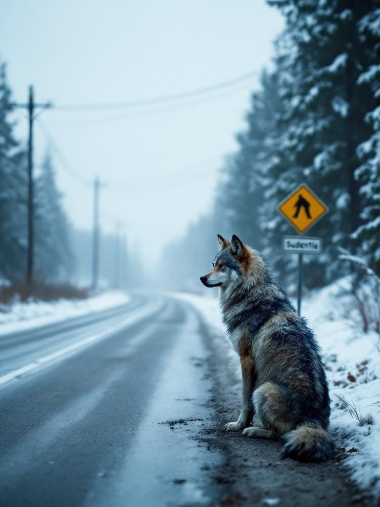 Wolf on Winter Road: Cinematic Film Still