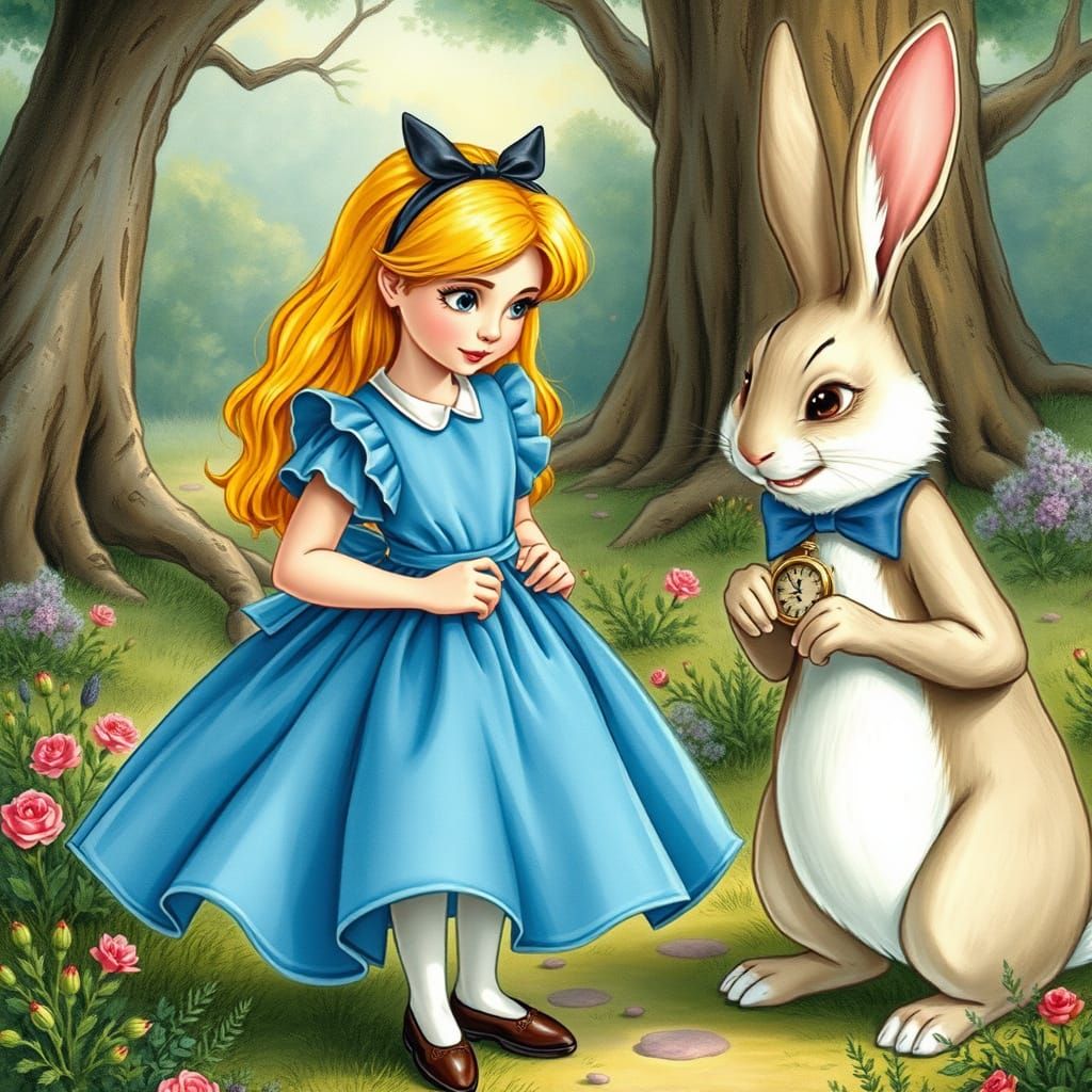 Alice, Rabbit, and Tweedledum in Enchanted Storybook Style