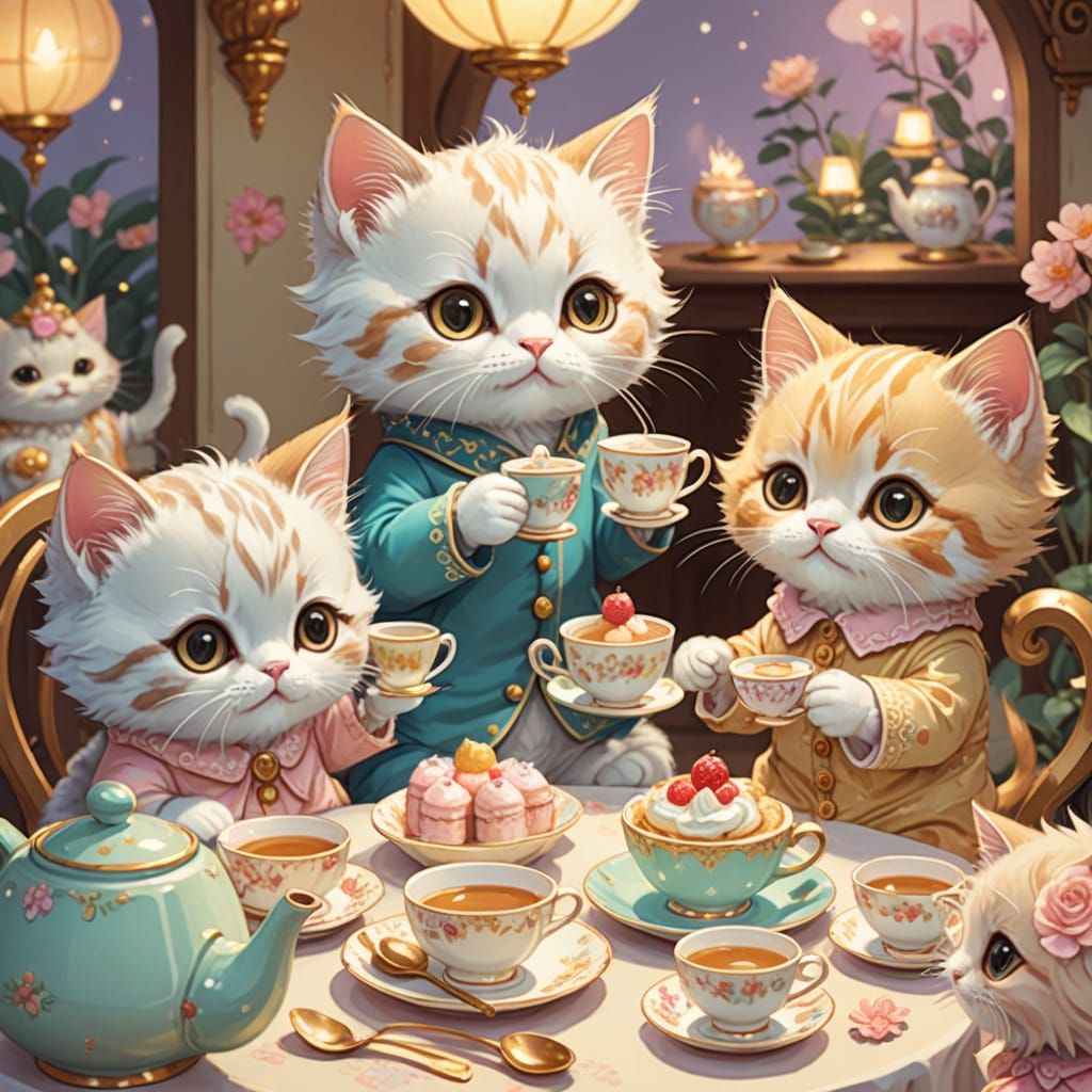 Kittens' Whimsical Tea Party in Kawaii Anime Style