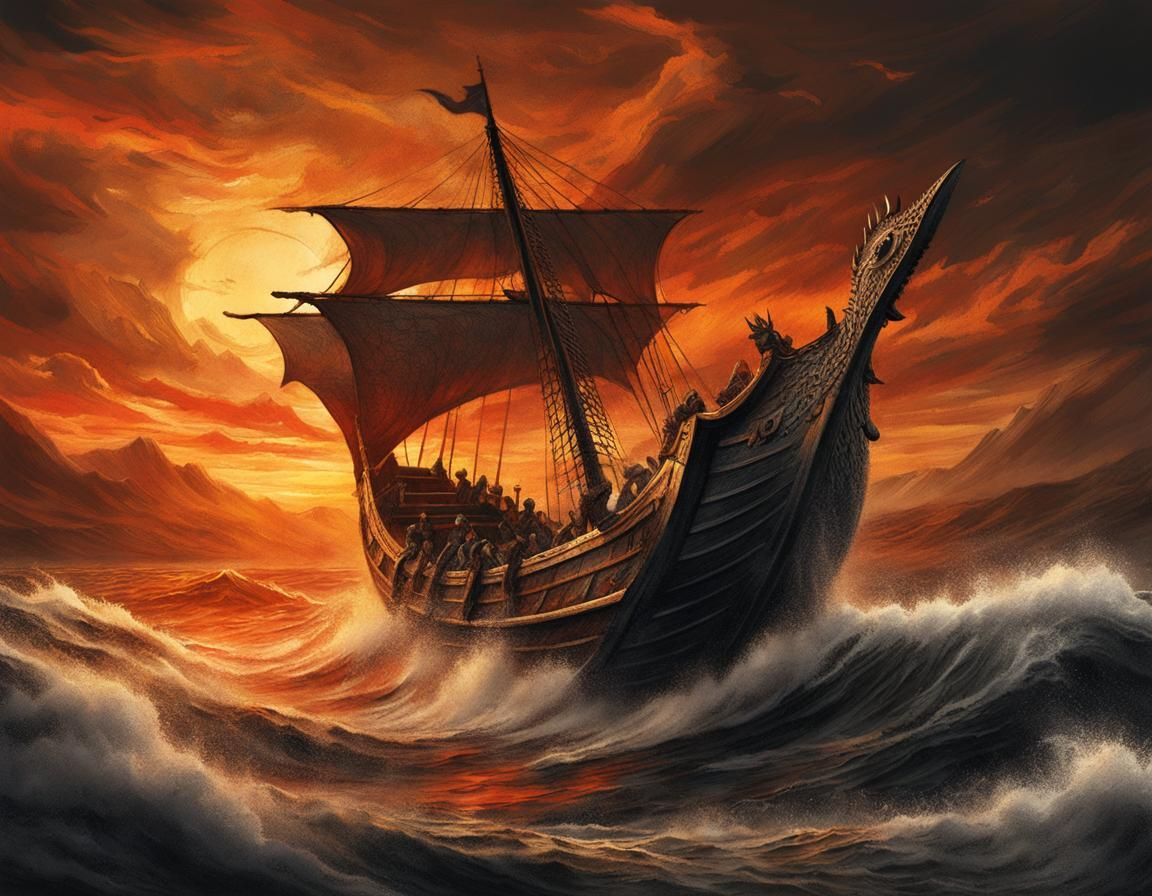 Viking Longship in Fiery Baroque-Charcoal Illustration