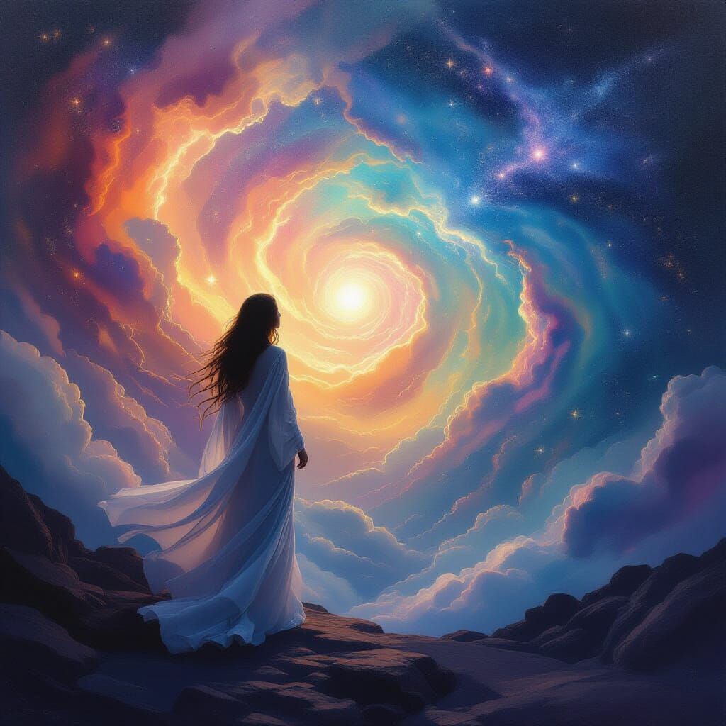Ethereal Figure Levitates in Cosmic Light, Surrealist Oil Pa...