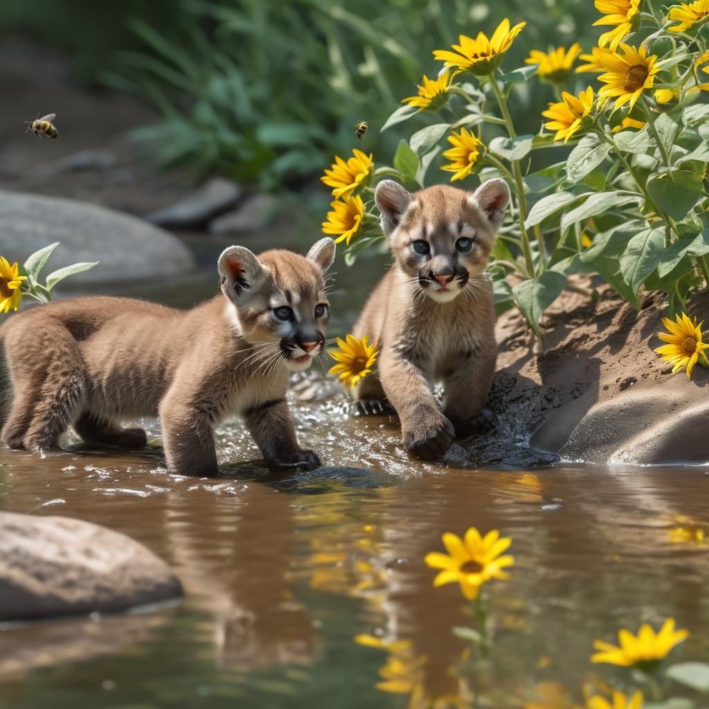 Cougar Cubs Playing in Creek: Photorealistic 8K