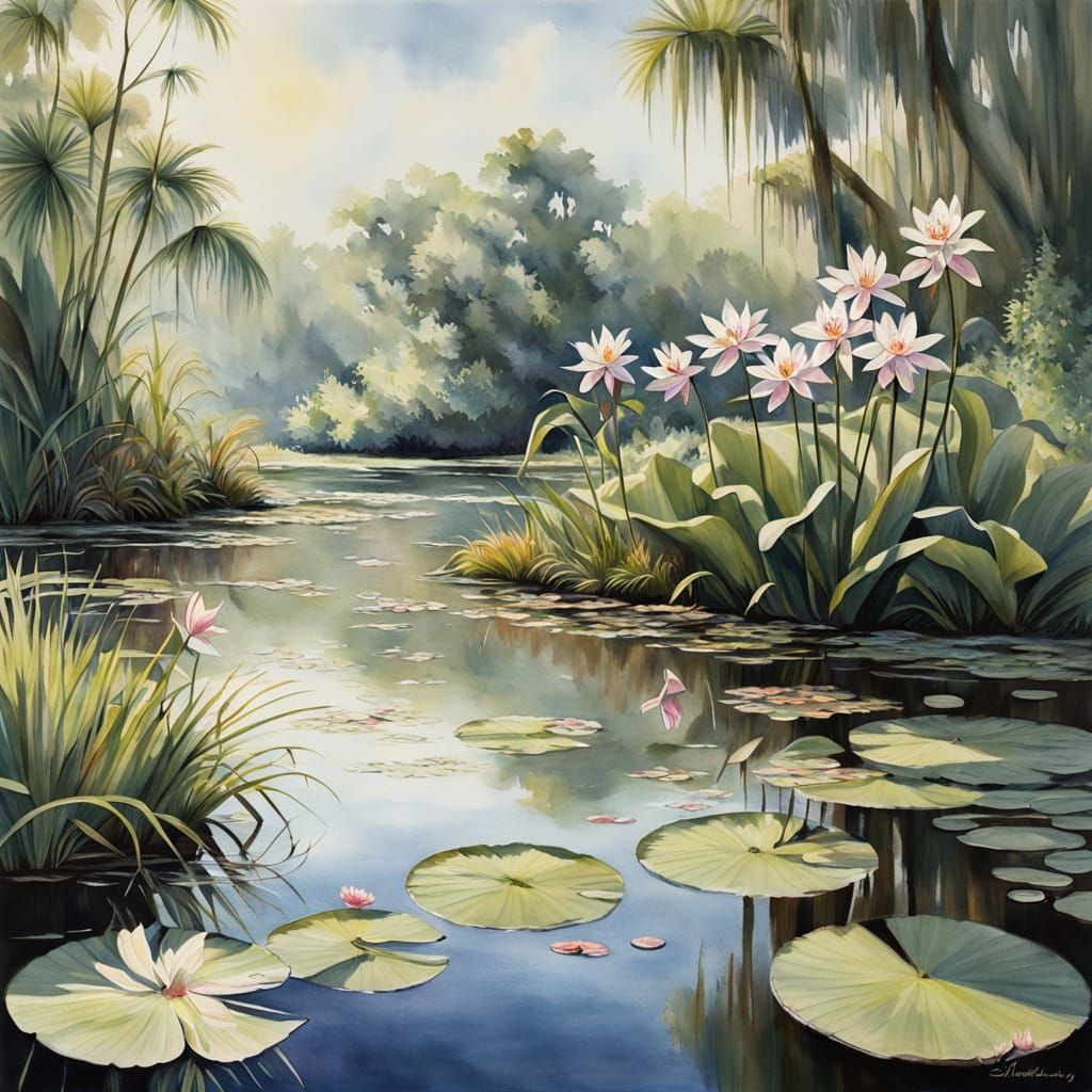 Tranquil Marsh in Watercolor Painting