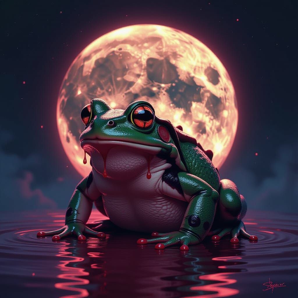 Surreal Frog Sculpted from Blood on Crimson Moon