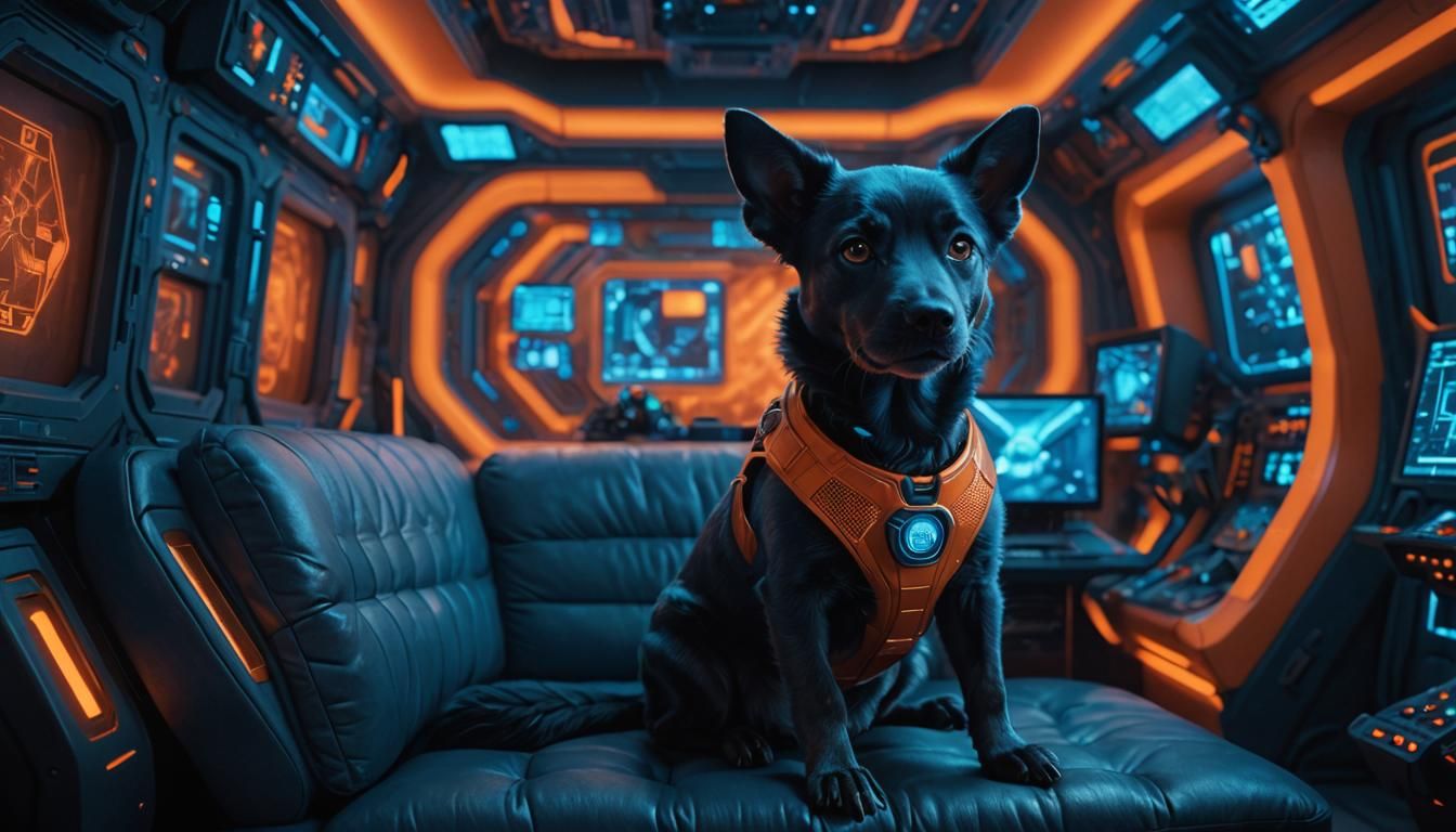 Alien Blue Dog in Cozy Spaceship Hall
